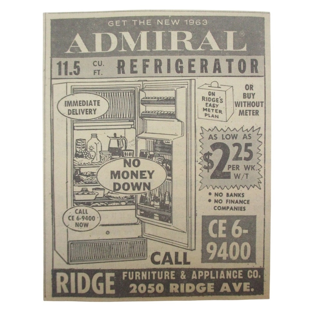 Vintage 1963 Admiral Refrigerator Print Ad Ridge Furniture Appliance Co Art